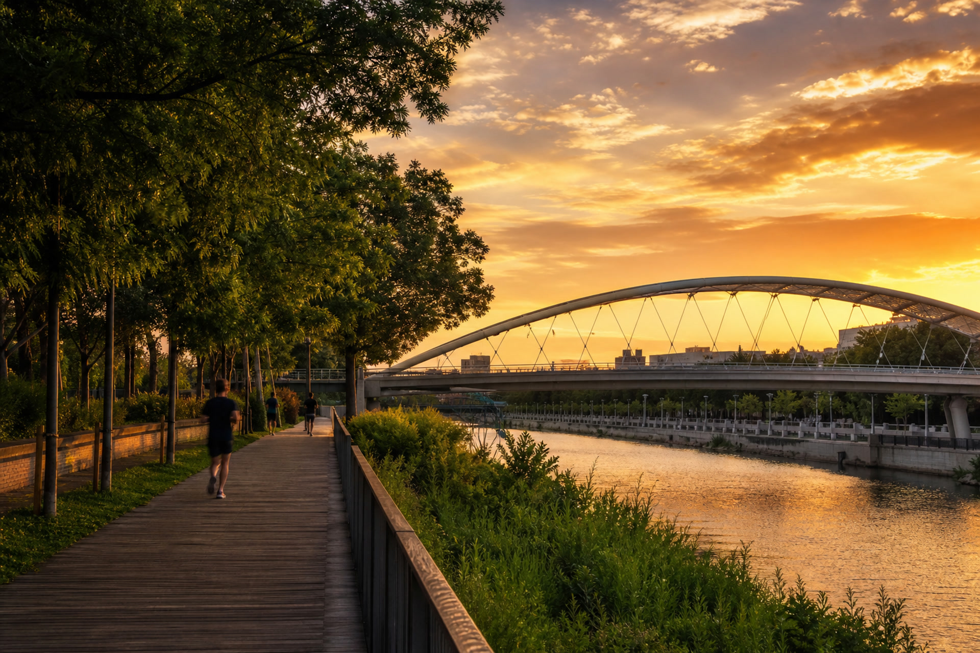 Madrid Río at sunset: wooden boardwalk, modern bridge and runners along the Manzanares.
