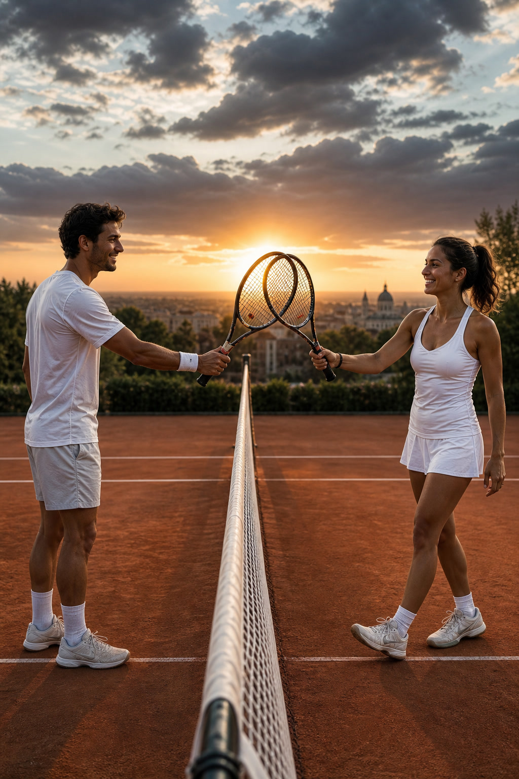 Two tennis players connecting at the net on a clay court at sunset.